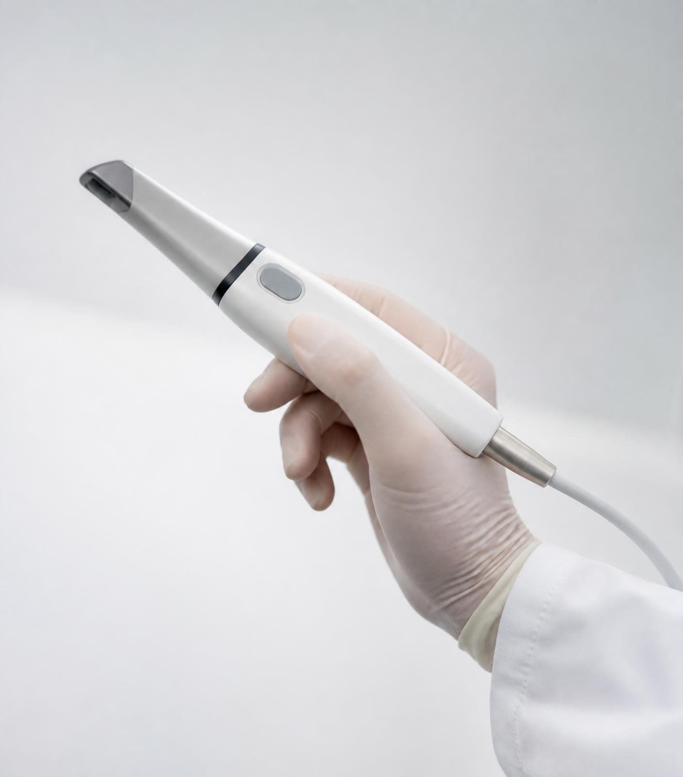 A clinician holding a digital intraoral scanner