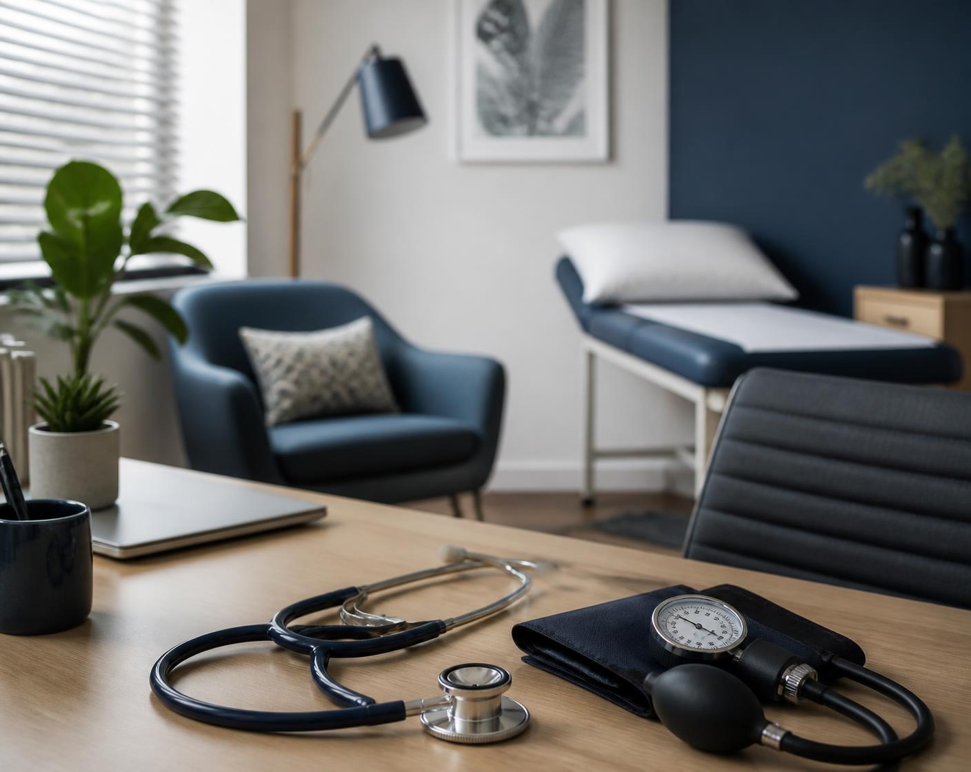 A general practice consulting room with a stethoscope on the desk